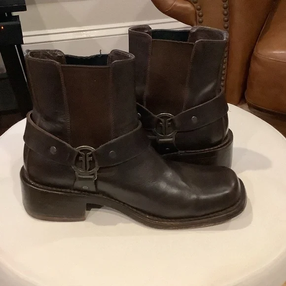 Frye Brown Square Toe Buckle Harness Moto Boots Vintage Look Size 9.5 - Picture 7 of 7